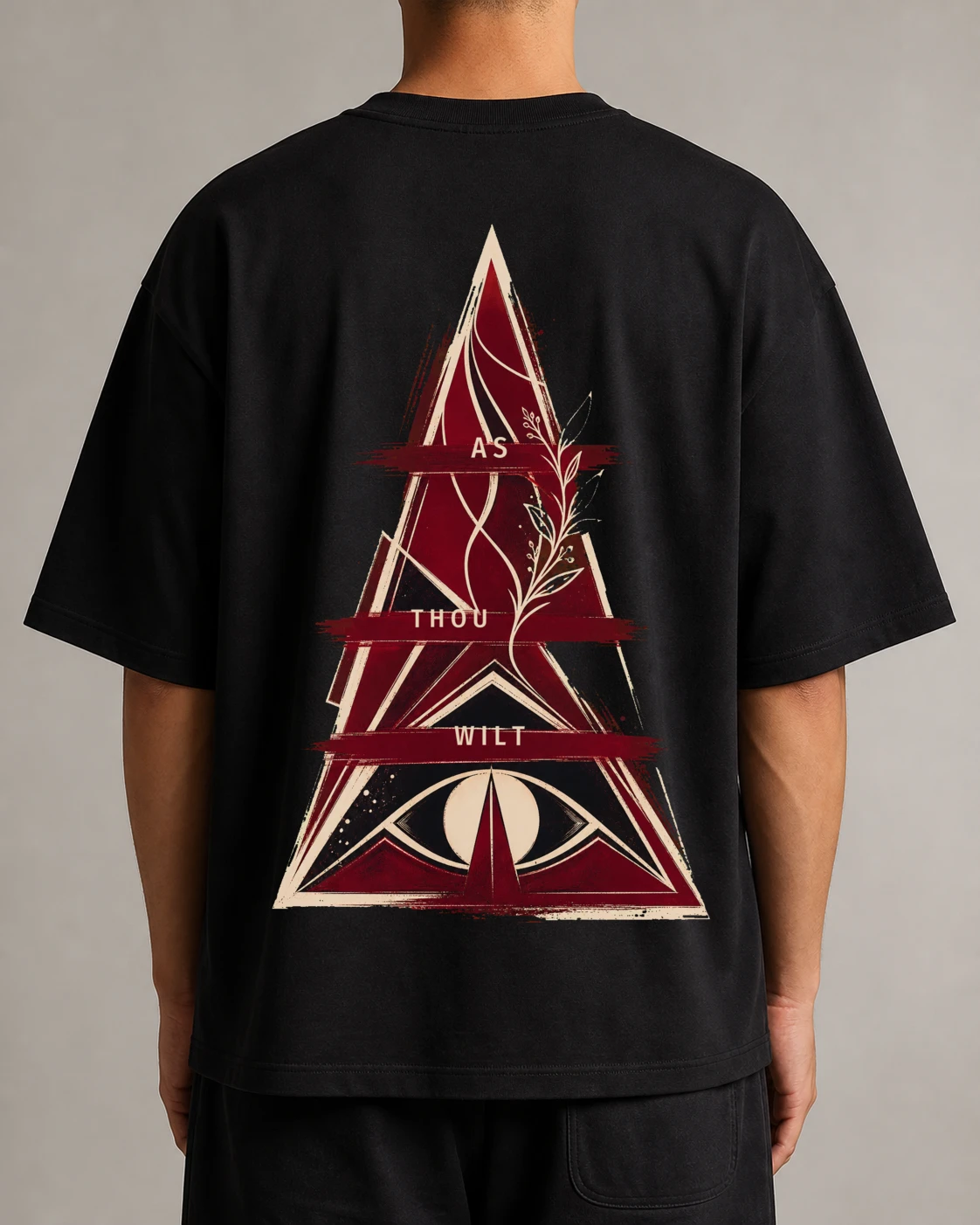 Чёрная тяжёлая boxy-футболка shown from the back with the Pyrawill 2026 pyramid print