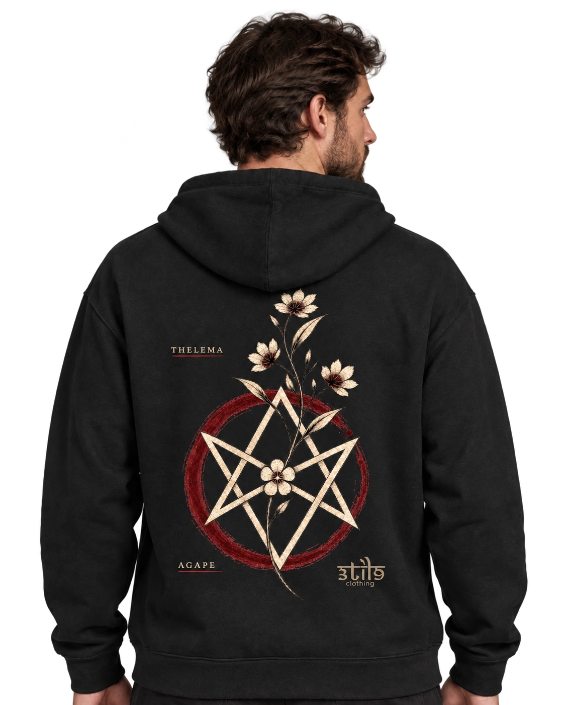 Thelema Bloom: увеличенный принт на спине и логотип Classic, цифровой макет на модели